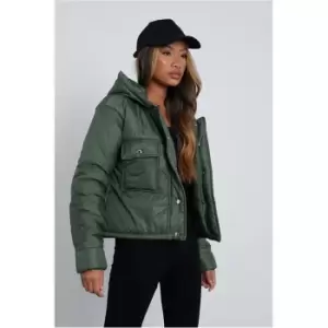 Image of I Saw It First Khaki Utility Pocket Padded Jacket With Hood - Green
