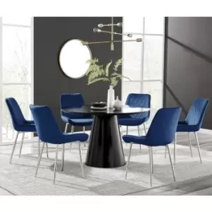 Image of Furniturebox Palma Black Semi Gloss 120cm Round Minimalist Dining Table & 6 Navy Pesaro Silver Leg Chairs