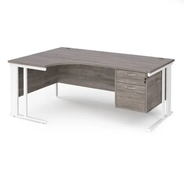 Image of Maestro 25 left hand ergonomic desk 1800mm wide with 2 drawer pedestal - white cable managed leg frame, grey oak top