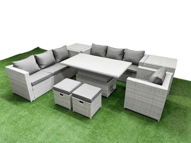 Image of Fimous 8 Pcs Rising Dining Table Set Rattan Furniture Set With 3 Seater Sofa Chair 2 Small Footstools 2 Side Tables Light Grey