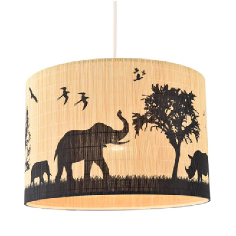 Image of Happy Homewares Modern Safari Bamboo Pendant Light Shade With Black Animals And Trees