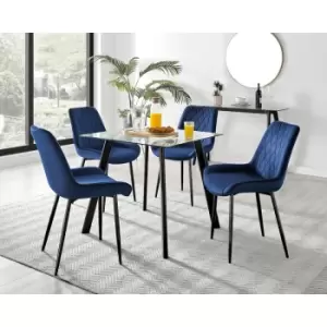 Image of Furniturebox Seattle Glass and Black Metal Leg Square Dining Modern Industrial Dining Table & 4 Navy Pesaro Black Leg Velvet Chairs