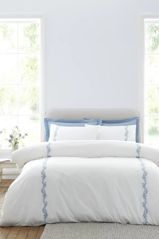 Image of Bianca Camille Embroidered Floral Duvet Cover Bedding Set White Blue