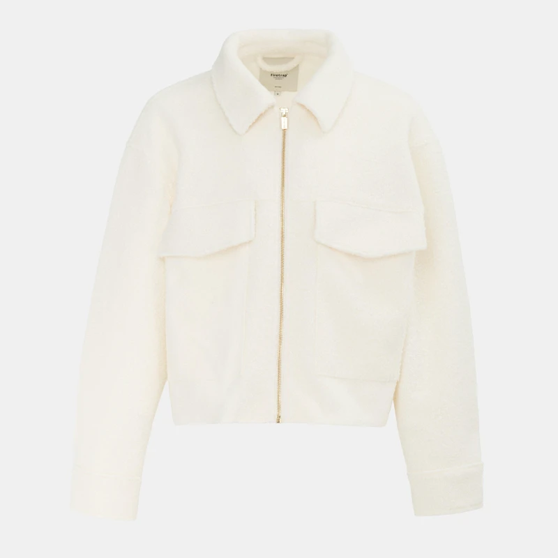 Image of Firetrap Womens Short Textured Cropped Long Sleeve Shearling Jacket Cream female 8 (36)