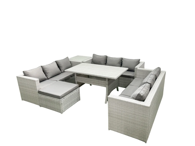 Image of Fimous Rattan Garden Outdoor Furniture Set 10 Seater Garden Sofa Rectangulr Dining Table Set with Big Footstool Side Table Light Grey Mixed Light Grey