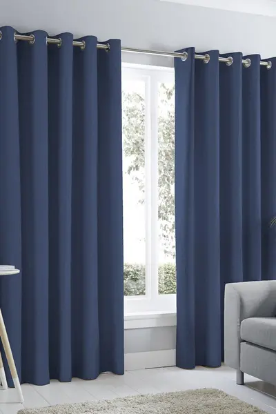 Image of Fusion 'Sorbonne' 100% Cotton Light Filtering Plain Dyed Eyelet Curtains Navy