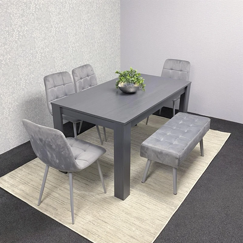 Image of KOSY KOALA KOSY KOALA Dining Table and 4 Chairs With Bench Dark Grey Table 4 Grey Velvet Chairs Wood Table Dining Set Furniture Dark Grey One Size Uni