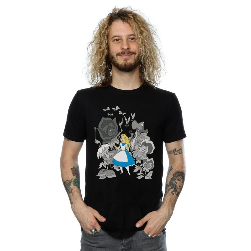 Image of Disney Men Alice In Wonderland Flowers T-Shirt in Black Size: Small Black S Male 5057245570060