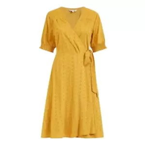 Image of Yumi Mustard Broderie Anglaise Wrap Dress - Yellow