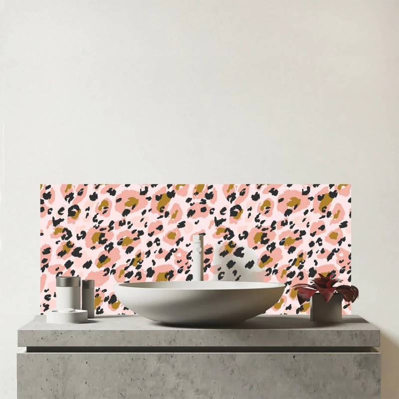 Image of Warren Reed - Designer Hand Drawn Pink Leopard Print Glass Bathroom Splashback Pink Unisex