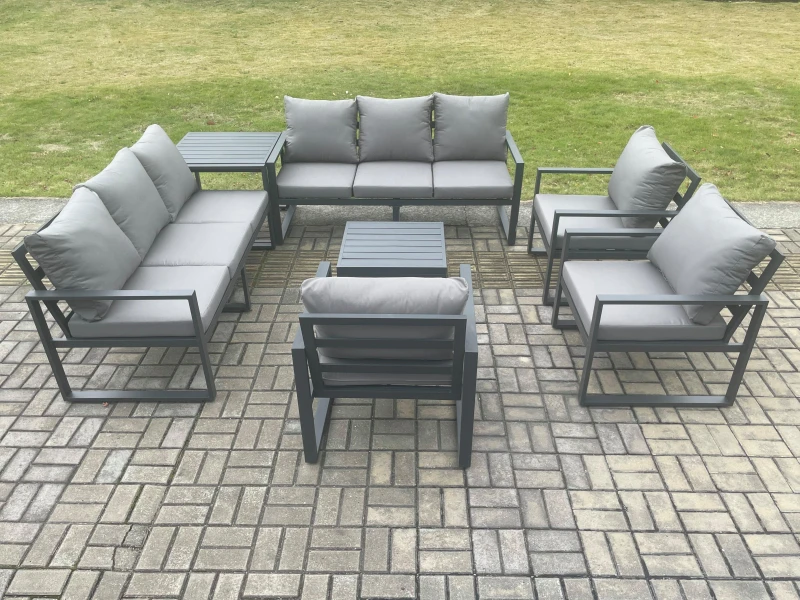 Image of Fimous Aluminium Outdoor Garden Furniture Set Patio Lounge Sofa with Square Coffee Table 3 Armchairs Side Table Dark Grey Dark Grey Unisex