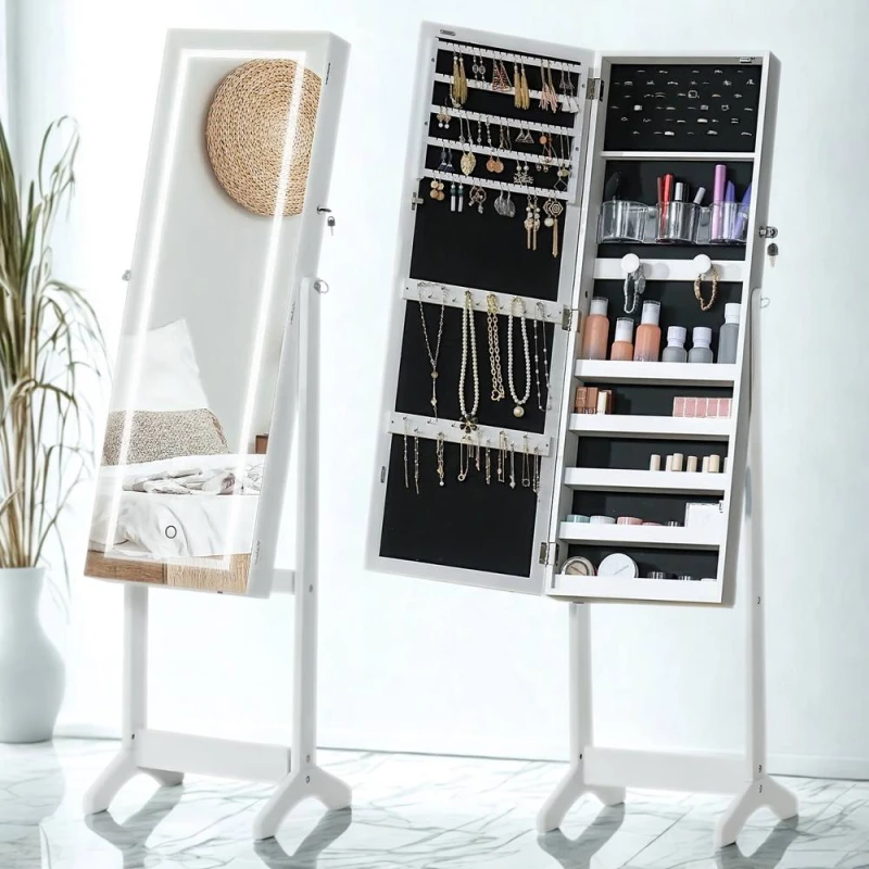 Image of FURNOS Free Standing Mirror Lockable Jewellery Cabinet 360 Swivel in White White Unisex