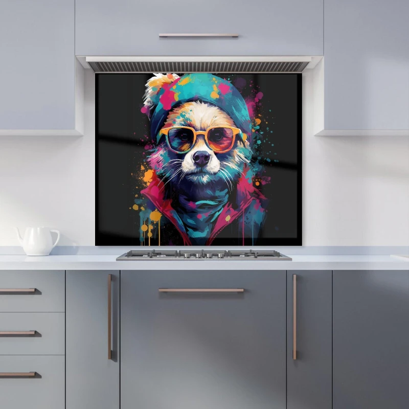 Image of Warren Reed - Designer Multi Coloured Splashart Dog With Glasses Kitchen Splashback in Blue Size: 900mm x 650mm Blue Unisex 900mm x 650mm