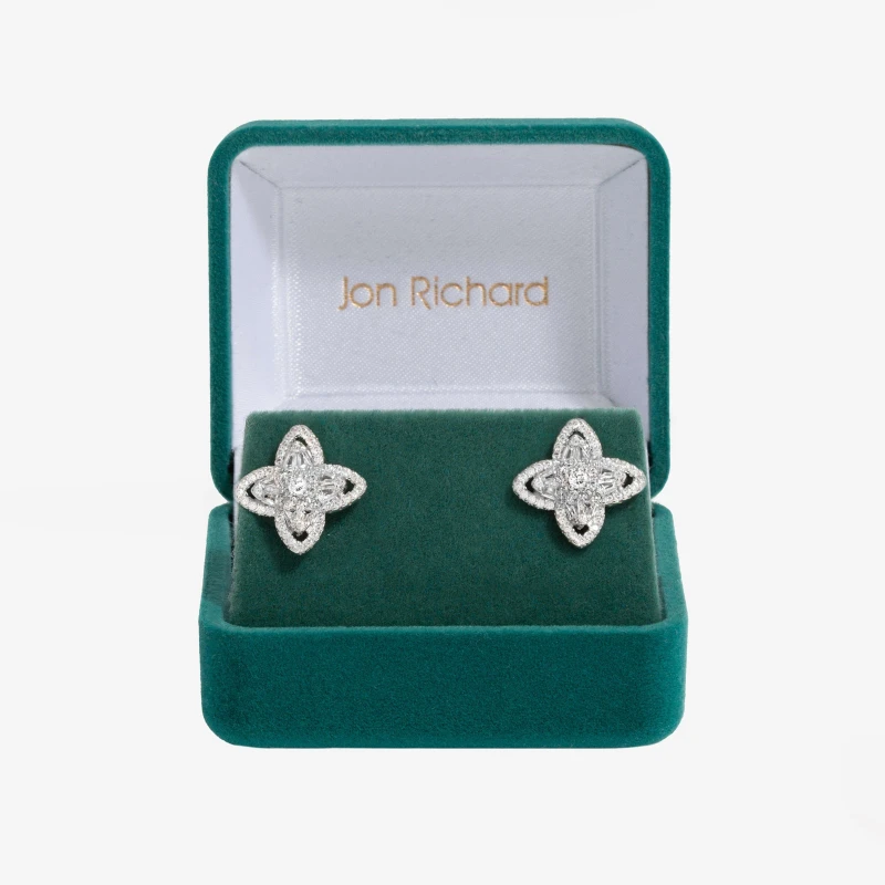 Image of Jon Richard Rhodium Plated And Crystal Cubic Zirconia Floral Earrings - Gift Box Silver female