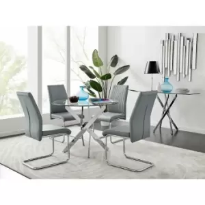 Image of Novara Chrome Metal Round Glass Dining Table And 4 Elephant Grey Lorenzo Dining Chairs - Elephant Grey