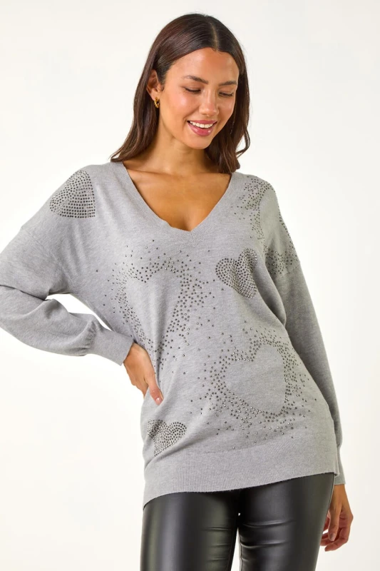 Image of Roman Womens V-Neck Heart Hotfix Detail Jumper in Light Grey Size: 14 Light Grey Female 14