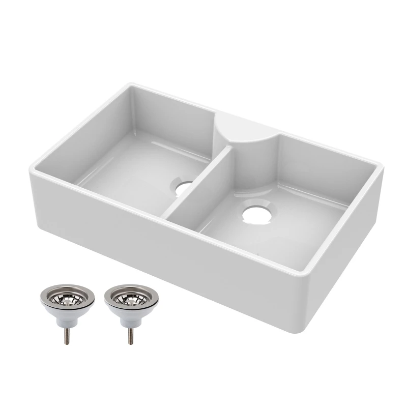 Image of Balterley 2 Bowl Fireclay Butler Sink Stepped Weir Wastes 895x550x220mm White