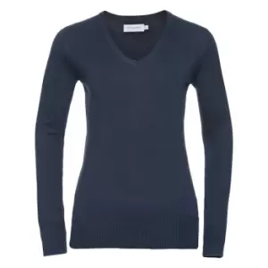 Image of Russell Collection Ladies/Womens V-Neck Knitted Pullover Sweatshirt (M) (French Navy)