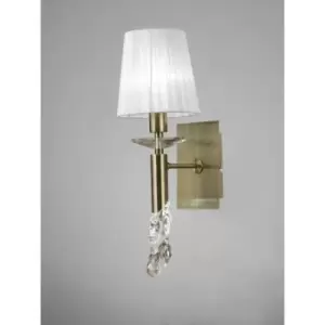 Image of Tiffany wall light with switch 1+1 E14+G9 bulb, antique brass with white lampshade & transaparent crystal