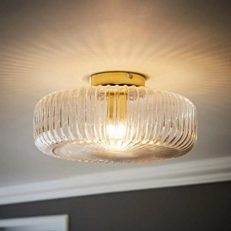 Image of ValueLights ValueLights Calpe Large Ribbed Glass Shallow Flush Ceiling Light in Gold Gold One Size Unisex 5016529274780