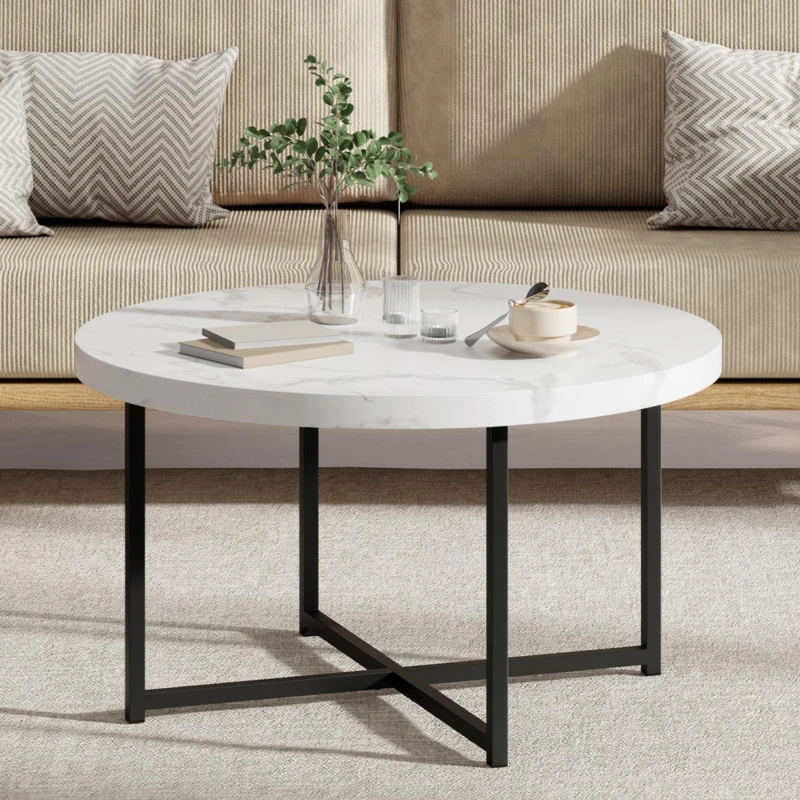 Image of Vonhaus Mosley Marble Look Coffee Table For Living Room, Round Living Room Table White Grey Marble Design, Modern Centre Table