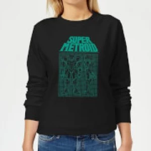 Image of Nintendo Super Metroid Power Suit Blueprint Womens Sweatshirt - Black - Black
