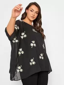 Image of Yours Embroidered Daisy Cape Top, Black, Size 16, Women