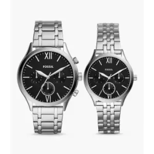 Image of Fossil His And Her Fenmore Midsize Multifunction Stainless Steel Watch Gift Set - Silver