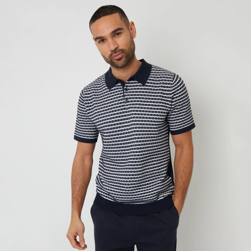 Image of Threadbare Textured Stripe Knitted Polo Shirt Navy