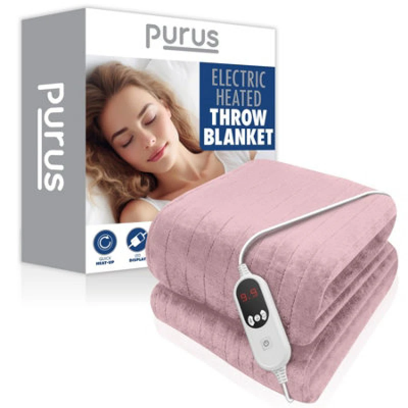 Image of Purus Deluxe Pink Xl Electric Throw Heated Double Over Electric Blanket Soft Fleece 9 Heat & 12 Timer Settings