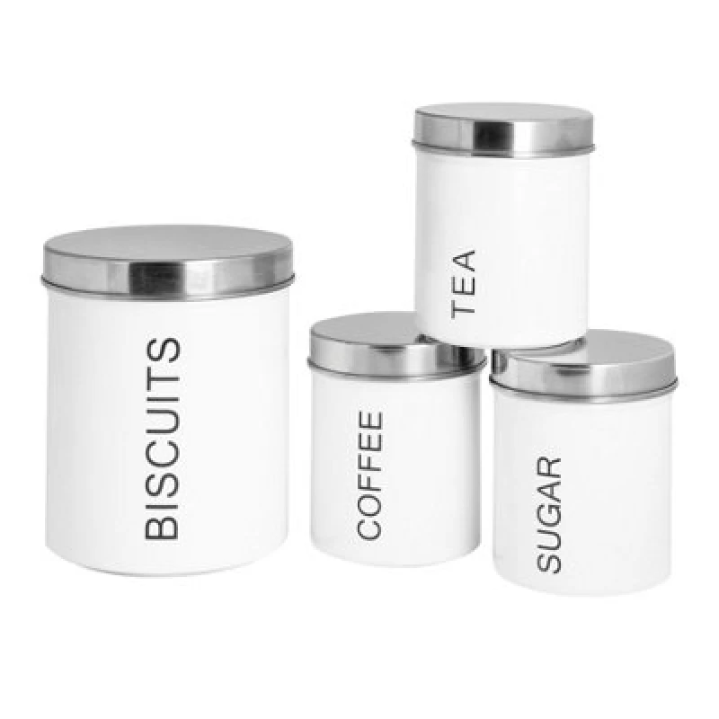 Image of Harbour Housewares 4 Piece Kitchen Canisters Set - White - Round Metal Storage Caddy Tin Jar