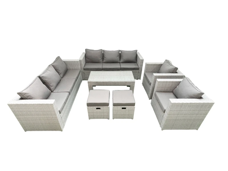 Image of Fimous Outdoor Garden Furniture Rattan Sofa Set with 2 Armchairs Oblong Coffee Table 2 Small Footstools Light Grey Mixed Light Grey