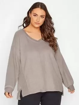 Image of Yours Stretch Drop Shoulder Fleece V-neck Sweatshirt - Brown, Size 22-24, Women