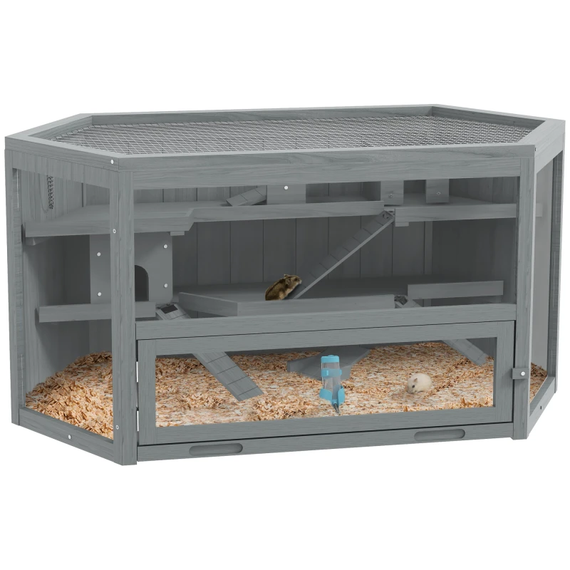Image of PawHut 3 Tier Wooden Hamster Cage Gerbil Play Centre W/ Sliding Tray Ramps TJ Hughes Grey 5061025095827