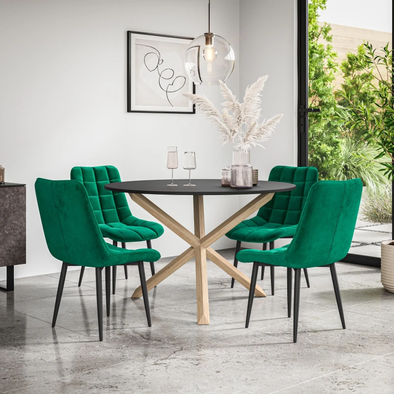 Image of More4Homes Malvern Round Dining Table And Chairs - Black Table Top W Solid Oak Legs + Nova Velvet Dining Chair Set Of 4 (Green)