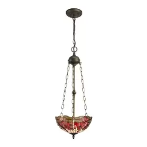 Image of 3 Light Uplighter Ceiling Pendant E27 With 30cm Tiffany Shade, Purple, Pink, Crystal, Aged Antique Brass - Luminosa Lighting