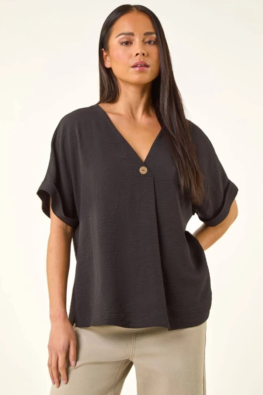 Image of Roman Womens Petite One Buttoned V-Neck Top in Black Size: 12 Black Female 12