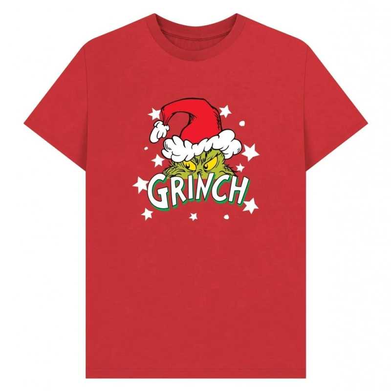 Image of The Grinch Mens Santa Hat Stars T-Shirt in Red Size: Small Red Male S