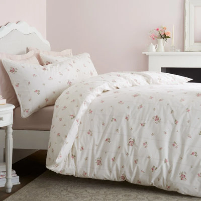 Image of Bianca Vintage Rosebud Lace 200 Thread Count Cotton Reversible Single Duvet Cover Set With Pillowcase Cream