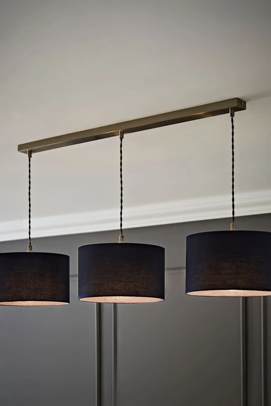 Image of ValueLights ValueLights Reni Fabric Drum Shade 3 Drop Bar Chrome Diner Ceiling Pendant Light in Navy Navy One Size Unisex 5059406063367