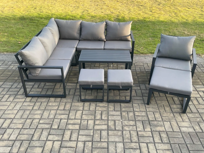Image of Fimous Aluminium Outdoor Garden Furniture Set Lounge Sofa Oblong Coffee Table Sets with Chair 3 Footstools Indoor Conservatory Set Dark Grey Dark Grey