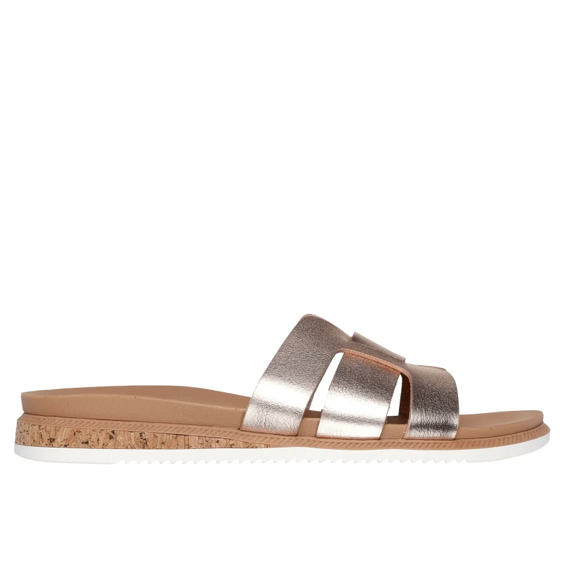 Image of Skechers Womens DESERT KISS LOW Double H Strap Slide Rose Gold Duraleather Size: 3 Rose Gold Female 3