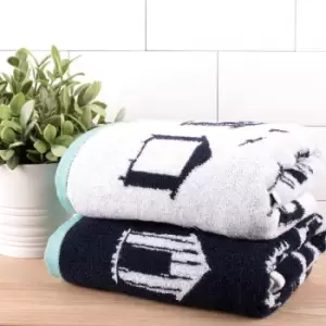 Image of Fusion Beach Huts 100% Cotton 550gsm Hand Towel, Navy, 2 Pack