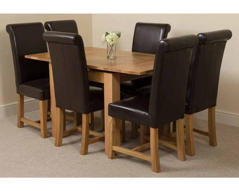 Image of Thats Furniture Richmond 90-150cm Oak Extending Dining Table + 6 Washington Leather Chairs in Brown Brown Unisex