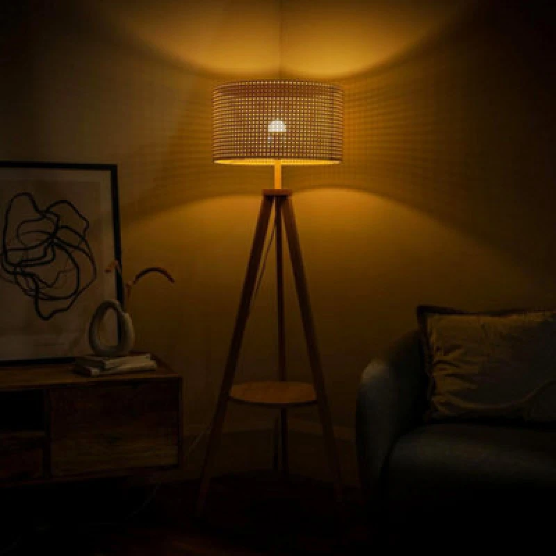 Image of ValueLights Morrigan Light Wood Tripod Wooden Floor Lamp With Wicker Shade Natural