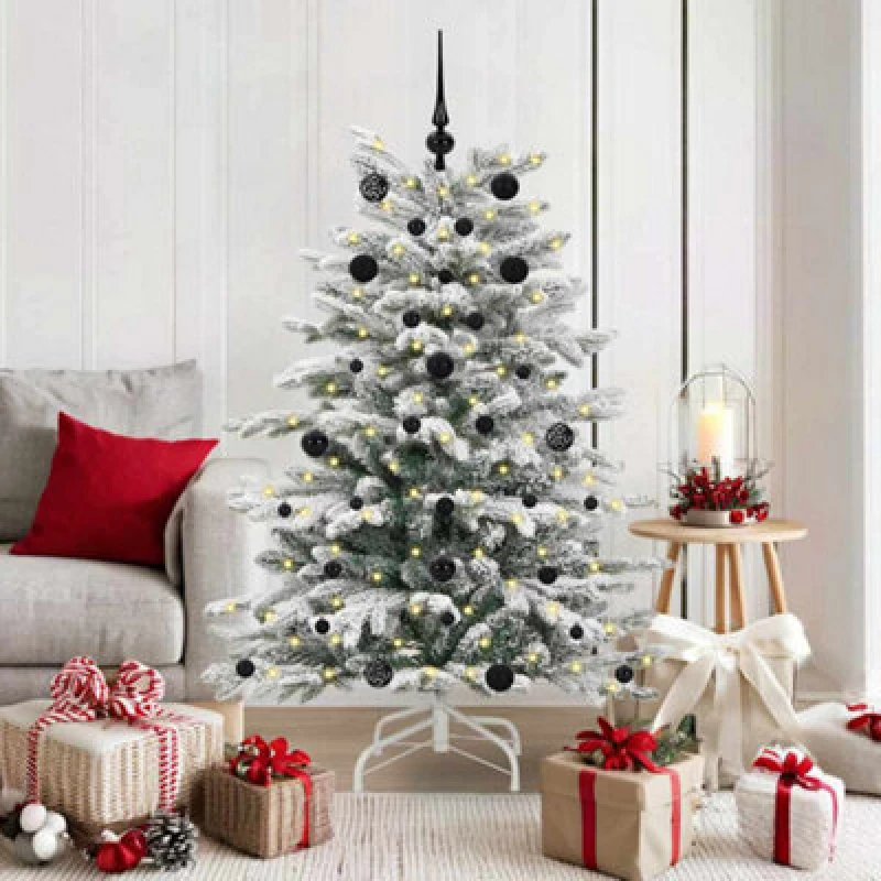 Image of vidaXL Artificial Hinged Christmas Tree with Black Balls White 150cm PE and PVC, White 3395632