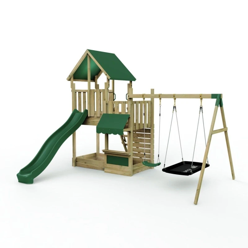 Image of Rebo Wooden Climbing Frame with Play Tower and Slide - M3 Double Shop Brown
