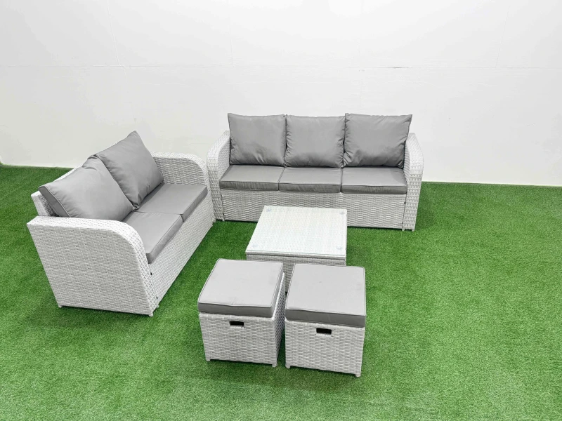 Image of Fimous 7 Seater PE Rattan Wicker Garden Furniture Patio Conservatory Sofa Set with Square Coffee Table 3 Seater Sofa Love Sofa 2 Stools Light Grey