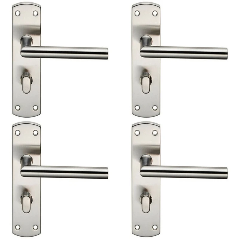 Image of Loops 4x Mitred Lever on Bathroom Backplate Door Handle Thumbturn Lock Satin Steel Metallics