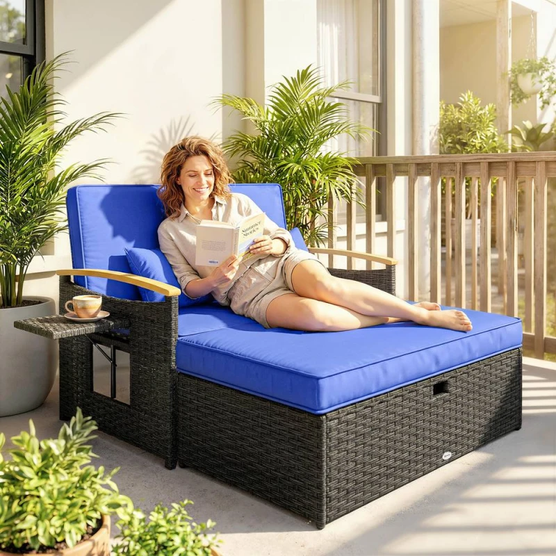 Image of OUTSUNNY Double Garden Rattan Daybed with Storage Ottoman, Brown in Blue Size: 120cm x 70cm Blue Unisex 120cm x 70 cm